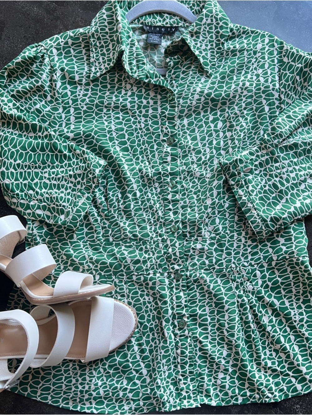 Green & White Button Down Blouse - Size Medium